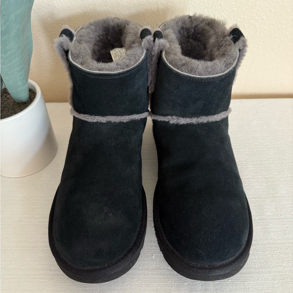 UGG Black Suede Gray Fur Lining/Trim Ankle Boots - Picture 3 of 13